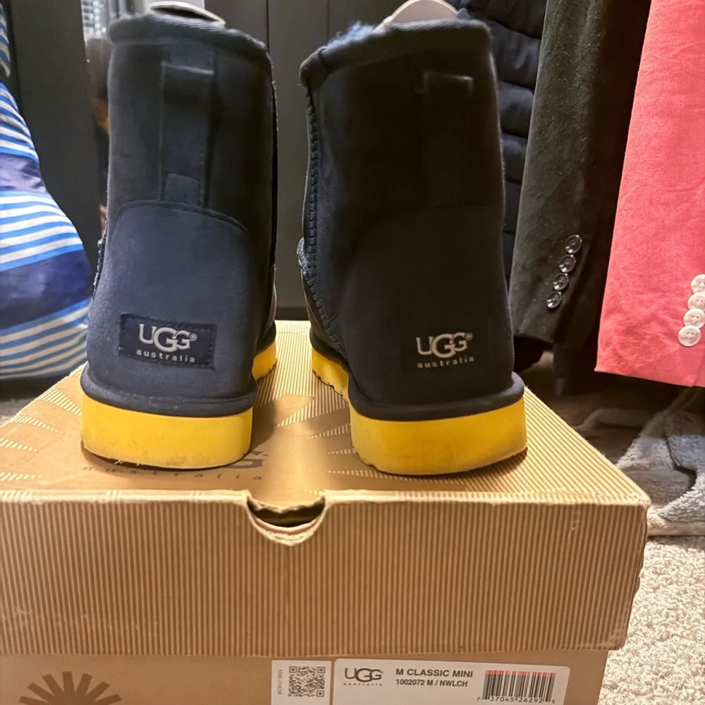 UGG Men's classic mini Navy Suede Boots with Bright Yellow Sole
